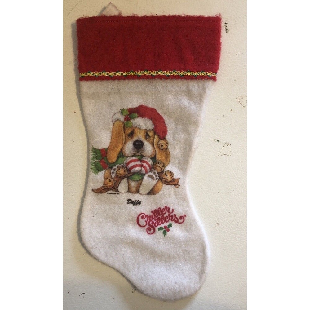 Critter Sitters Duffy Hound Dog K-Mart White Felt Christmas Holiday Stocking VTG